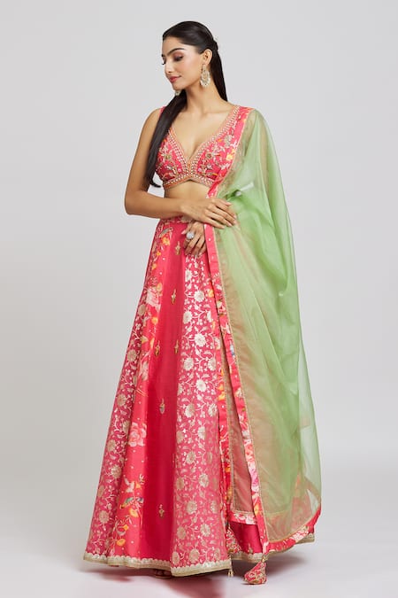 Jiya by Veer Design Studio_Pink Chanderi, Organza, Silk Petunia Bloom Print And Lehenga Blouse Set _at_Aza_Fashions