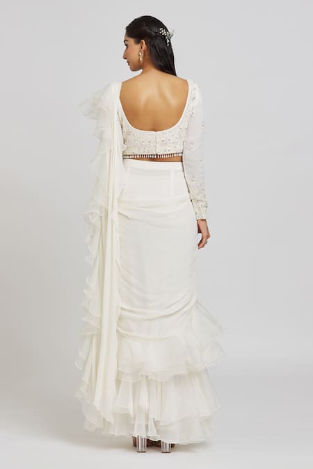 Jiya By Veer Design Studio Plain Ruffle Saree With Sequin Embroidered Blouse 