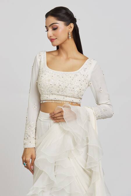 Jiya By Veer Design Studio White Georgette, Organza Sequins, Plain Ruffle Saree With Embroidered Blouse Online at Aza Fashions Jiya By Veer Design Studio_White Georgette, Organza Sequins, Plain Ruffle Saree With Embroidered Blouse _Online_at_Aza_Fashions