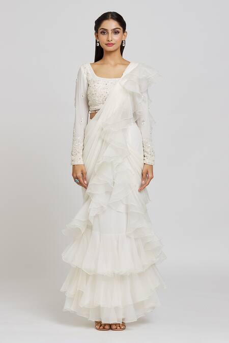 Buy Jiya By Veer Design Studio White Georgette, Organza Sequins, Plain Ruffle Saree With Embroidered Blouse Online at Aza Fashions Buy_Jiya By Veer Design Studio_White Georgette, Organza Sequins, Plain Ruffle Saree With Embroidered Blouse _Online_at_Aza_Fashions