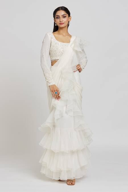 Shop Jiya By Veer Design Studio White Georgette, Organza Sequins, Plain Ruffle Saree With Embroidered Blouse Online at Aza Fashions Shop_Jiya By Veer Design Studio_White Georgette, Organza Sequins, Plain Ruffle Saree With Embroidered Blouse _Online_at_Aza_Fashions