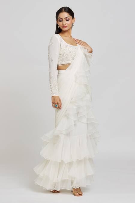 Jiya By Veer Design Studio White Georgette, Organza Sequins, Plain Ruffle Saree With Embroidered Blouse at Aza Fashions Jiya By Veer Design Studio_White Georgette, Organza Sequins, Plain Ruffle Saree With Embroidered Blouse _at_Aza_Fashions