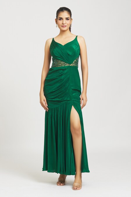 Khwaab by Sanjana Lakhani Emerald Green Crepe Embroidery Cutdana Leaf Neck Waistband Mermaid Gown