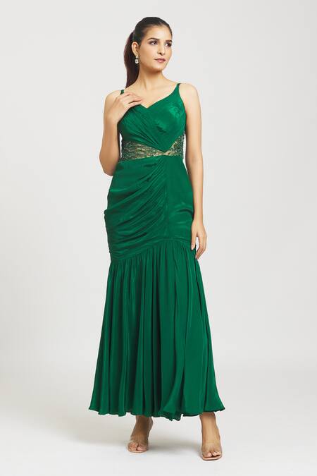 Shop_Khwaab By Sanjana Lakhani_Emerald Green Net, Crepe Cutdana, Bead Leaf Waistband Embroidered Mermaid Gown_Online_at_Aza_Fashions