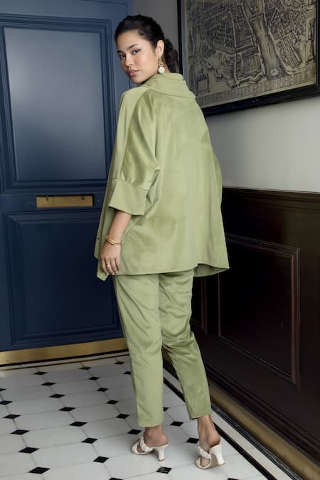 Shop_Rhe-Ana_Green Polyester Cowl Neck Berlin Top And Pant Set _at_Aza_Fashions