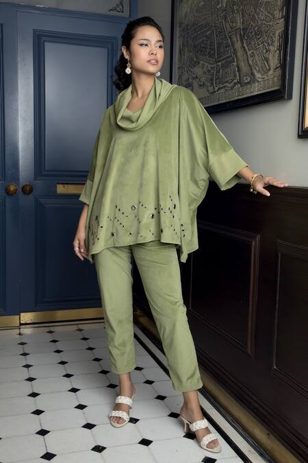 Rhe-Ana_Green Polyester Cowl Neck Berlin Top And Pant Set _Online_at_Aza_Fashions