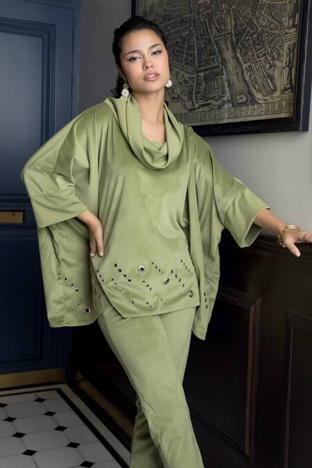 Buy_Rhe-Ana_Green Polyester Cowl Neck Berlin Top And Pant Set _Online_at_Aza_Fashions
