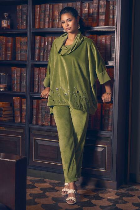 Shop_Rhe-Ana_Green Polyester Cowl Neck Berlin Top And Pant Set _Online_at_Aza_Fashions