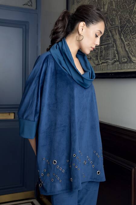 Rhe-Ana_Blue Polyester Cowl Neck Berlin Top And Pant Co-ord Set _Online_at_Aza_Fashions