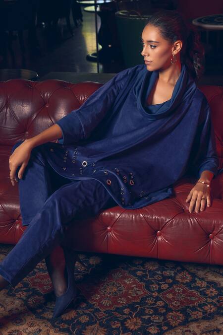 Rhe-Ana_Blue Polyester Cowl Neck Berlin Top And Pant Co-ord Set _at_Aza_Fashions