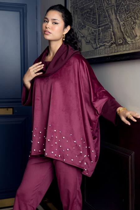 Rhe-Ana_Maroon Polyester Pearls Cowl Neck Berlin Embellished Top And Pant Co-ord Set _Online_at_Aza_Fashions