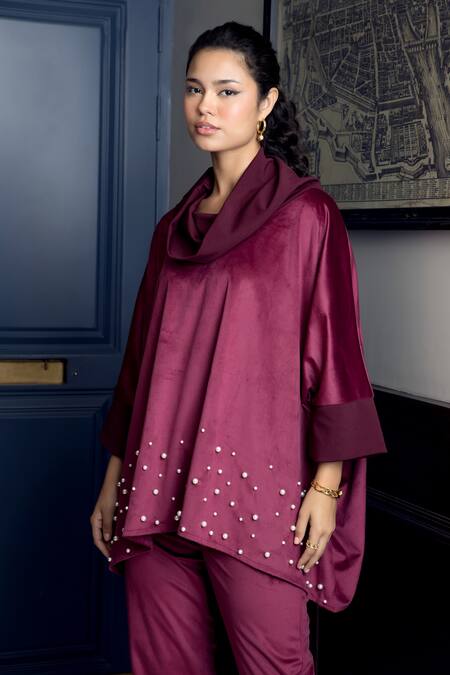 Buy_Rhe-Ana_Maroon Polyester Pearls Cowl Neck Berlin Embellished Top And Pant Co-ord Set _Online_at_Aza_Fashions