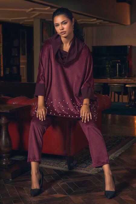 Rhe-Ana_Maroon Polyester Pearls Cowl Neck Berlin Embellished Top And Pant Co-ord Set _at_Aza_Fashions