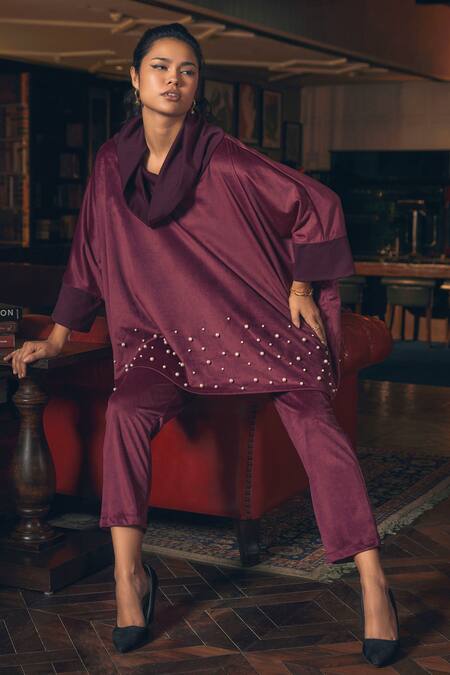 Buy_Rhe-Ana_Maroon Polyester Pearls Cowl Neck Berlin Embellished Top And Pant Co-ord Set 