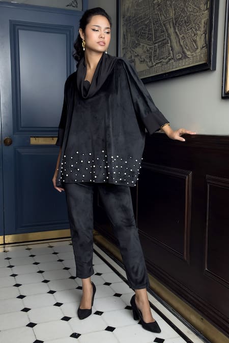 Rhe-Ana Black 100% Polyester Embellished Pearl Cowl Berlin Top And Pant Set  