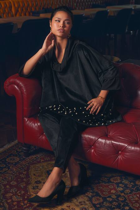 Shop_Rhe-Ana_Black Polyester Pearls, Embroidery Cowl Neck Berlin Embellished Top And Pant Set _Online_at_Aza_Fashions