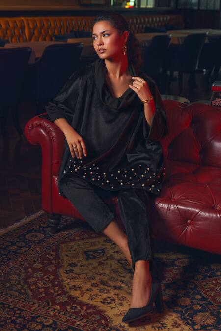 Rhe-Ana_Black Polyester Pearls, Embroidery Cowl Neck Berlin Embellished Top And Pant Set _at_Aza_Fashions