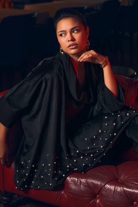 Buy_Rhe-Ana_Black Polyester Pearls, Embroidery Cowl Neck Berlin Embellished Top And Pant Set 