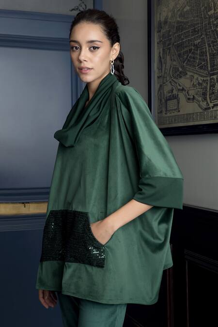 Rhe-Ana_Emerald Green Polyester Sequins Cowl Neck Berlin Embellished Top And Pant Set _Online_at_Aza_Fashions