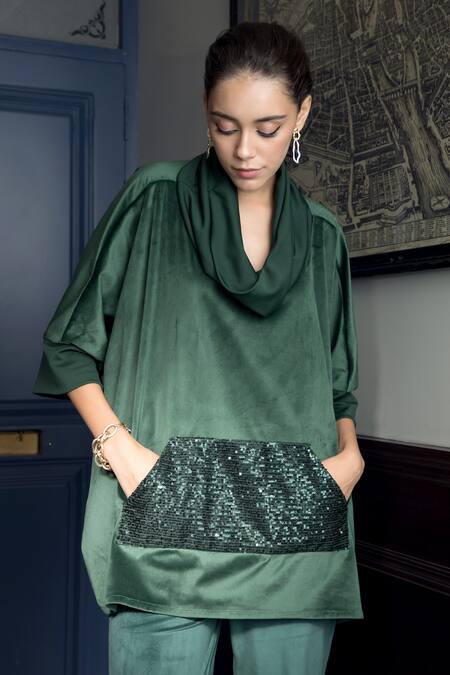 Buy_Rhe-Ana_Emerald Green Polyester Sequins Cowl Neck Berlin Embellished Top And Pant Set _Online_at_Aza_Fashions