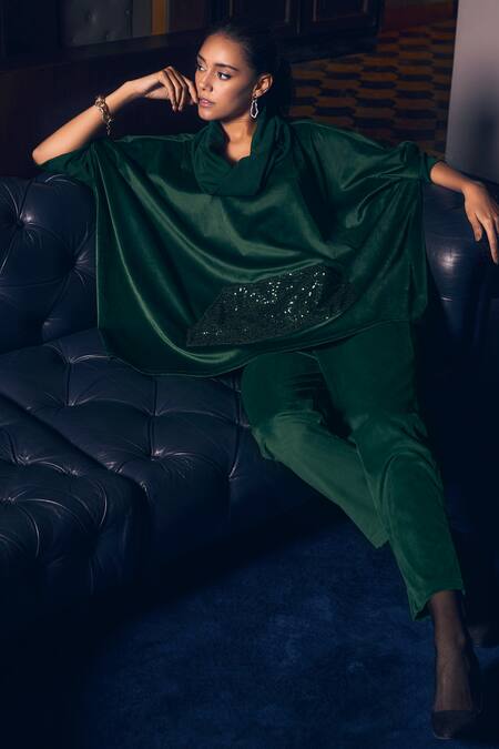 Shop_Rhe-Ana_Emerald Green Polyester Sequins Cowl Neck Berlin Embellished Top And Pant Set _Online_at_Aza_Fashions
