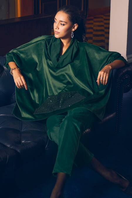 Rhe-Ana_Emerald Green Polyester Sequins Cowl Neck Berlin Embellished Top And Pant Set _at_Aza_Fashions
