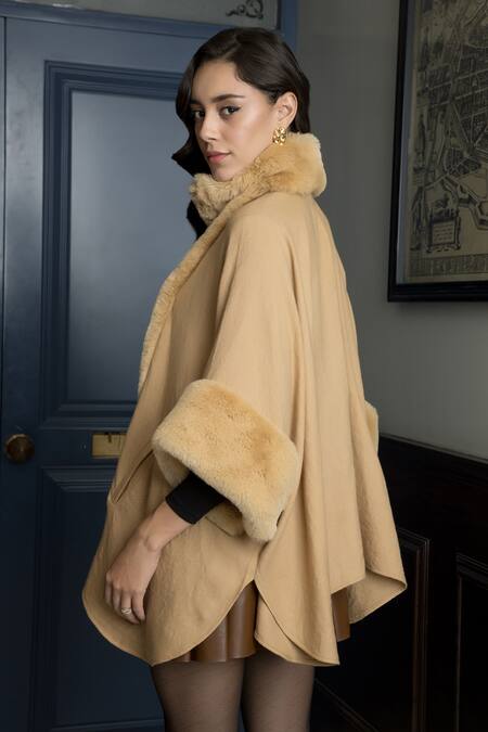 Shop_Rhe-Ana_Beige 100% Wool High Neck Collar Logan Cape  _at_Aza_Fashions