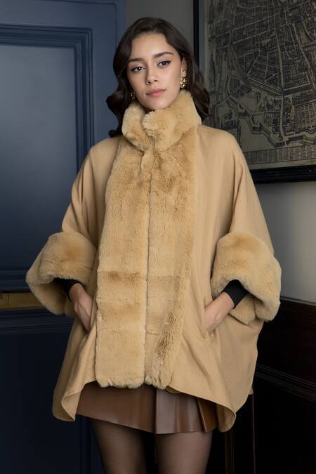 Buy_Rhe-Ana_Beige 100% Wool High Neck Collar Logan Cape  _Online_at_Aza_Fashions