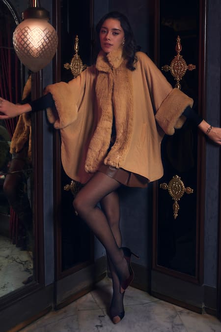 Shop_Rhe-Ana_Beige 100% Wool High Neck Collar Logan Cape  _Online_at_Aza_Fashions