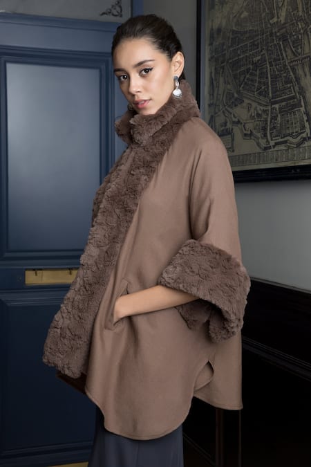 Rhe-Ana_Brown Logan Oversized Woolen Cape _Online_at_Aza_Fashions