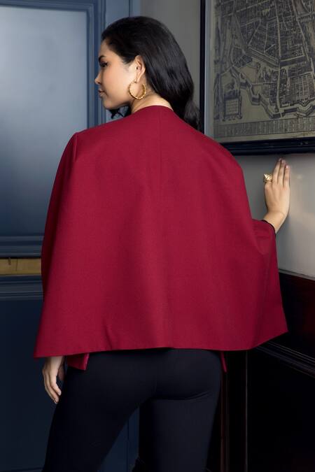 Shop_Rhe-Ana_Maroon Vine Embellished Cape _at_Aza_Fashions
