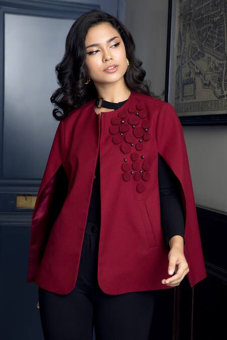 Buy_Rhe-Ana_Maroon Vine Embellished Cape _Online_at_Aza_Fashions