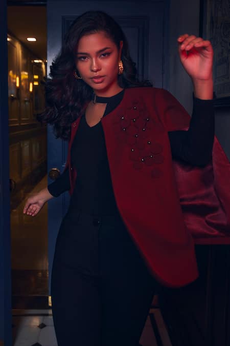 Shop_Rhe-Ana_Maroon Vine Embellished Cape _Online_at_Aza_Fashions