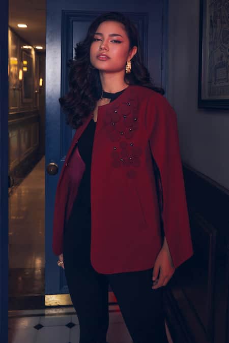 Rhe-Ana_Maroon Vine Embellished Cape _at_Aza_Fashions