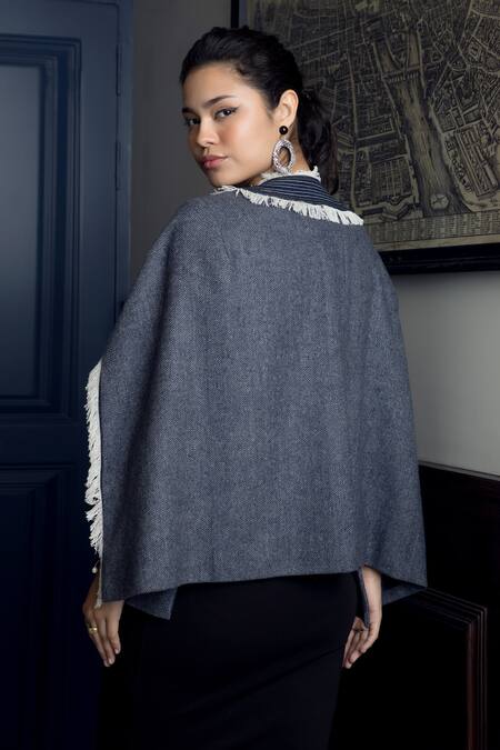 Shop_Rhe-Ana_Blue Dynamo Frayed Denim Cape _at_Aza_Fashions