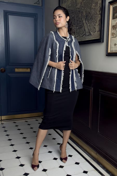 Rhe-Ana_Blue Dynamo Frayed Denim Cape _Online_at_Aza_Fashions