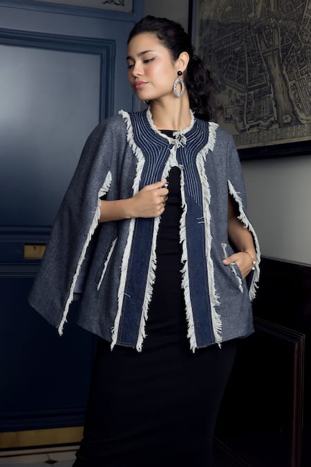Buy_Rhe-Ana_Blue Dynamo Frayed Denim Cape _Online_at_Aza_Fashions