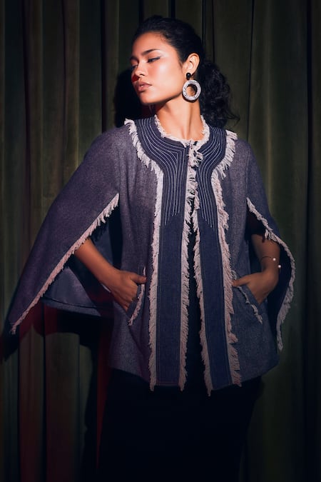 Shop_Rhe-Ana_Blue Dynamo Frayed Denim Cape _Online_at_Aza_Fashions