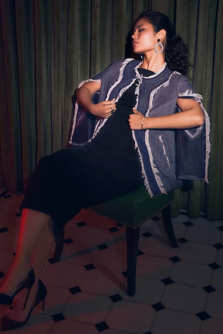 Rhe-Ana_Blue Dynamo Frayed Denim Cape _at_Aza_Fashions