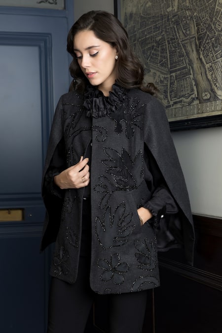 Rhe-Ana Kolar Velvet Flower Embellished Cape 