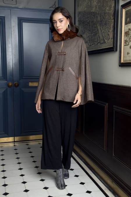 Rhe-Ana_Brown Derby Faux Fur Collar Cape_Online_at_Aza_Fashions
