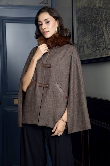 Shop_Rhe-Ana_Brown Derby Faux Fur Collar Cape_Online_at_Aza_Fashions