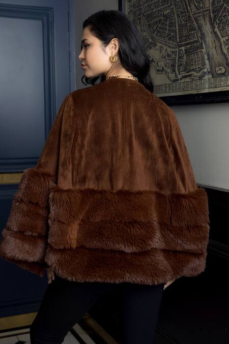 Shop_Rhe-Ana_Brown Alpine Faux Fur Cape _at_Aza_Fashions