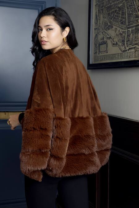Rhe-Ana_Brown Alpine Faux Fur Cape _Online_at_Aza_Fashions