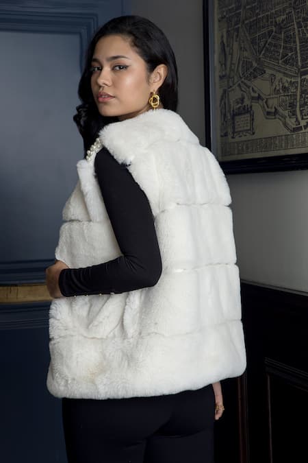 Shop_Rhe-Ana_Ivory Polyester Pearls Open Neck Zermatt Embellished Gilet _at_Aza_Fashions