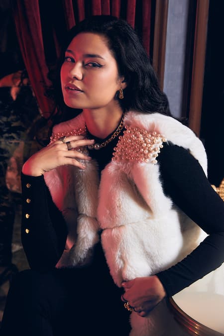 Shop_Rhe-Ana_Ivory Polyester Pearls Open Neck Zermatt Embellished Gilet _Online_at_Aza_Fashions