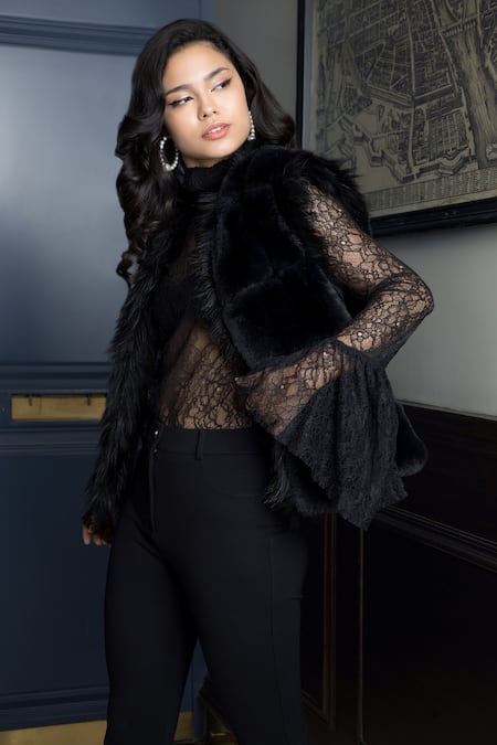 Rhe-Ana_Black Faux Leather, Polyester Open Neck Raven Fur Detailed Gilet _Online_at_Aza_Fashions