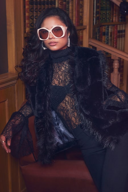 Rhe-Ana_Black Faux Leather, Polyester Open Neck Raven Fur Detailed Gilet _at_Aza_Fashions