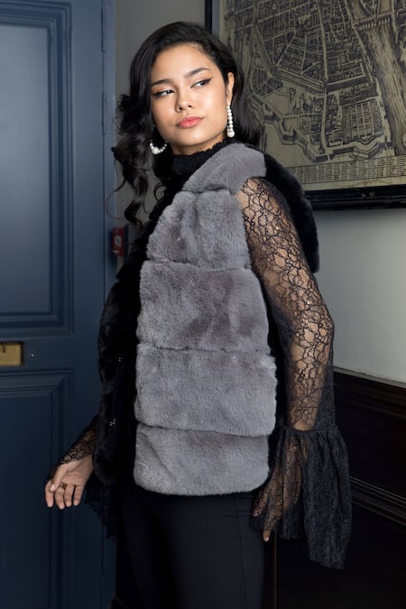 Buy_Rhe-Ana_Grey Faux Leather, Polyester Open Neck Aspen Fur And Gilet _Online_at_Aza_Fashions