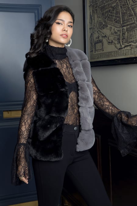 Shop_Rhe-Ana_Grey Faux Leather, Polyester Open Neck Aspen Fur And Gilet _Online_at_Aza_Fashions